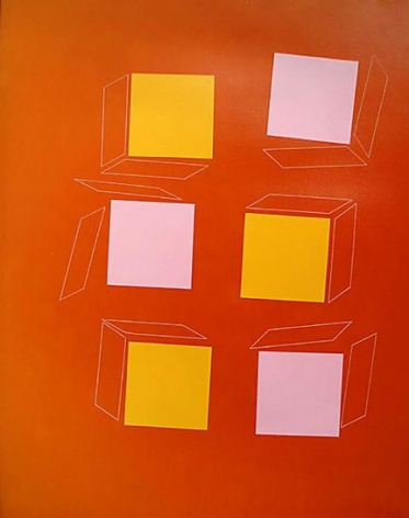 Three Pink and three Orange Squares on Orange with Unsettled Cubes, 2005