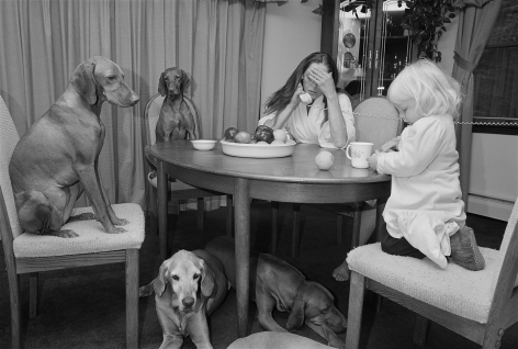 Mother and daughter with Vizslas at the dining table, Sterling, Connecticut - 1992