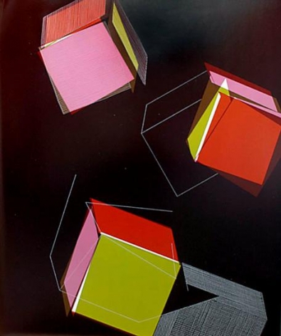 Three Orange, Pink and Green Cubes on Brown, 2005